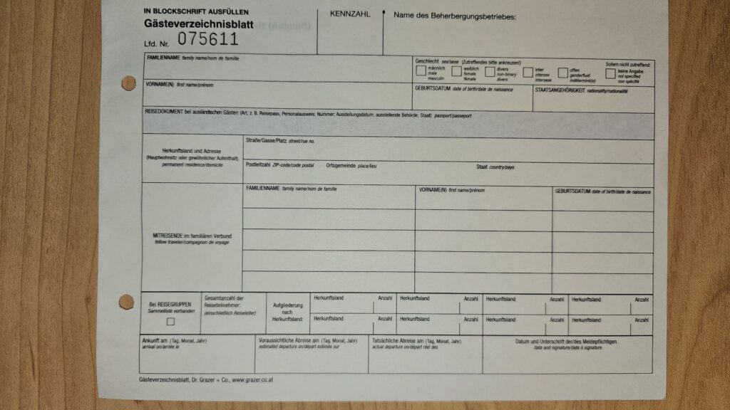 Guestregistration, Nächtungsblatt